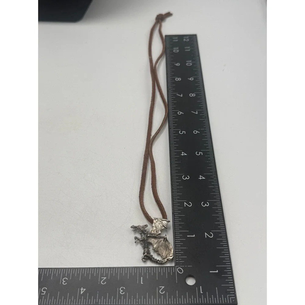 Vintage Pewter Dragon Pendant Necklace Brown Suede Cord Gothic Fantasy Mythical